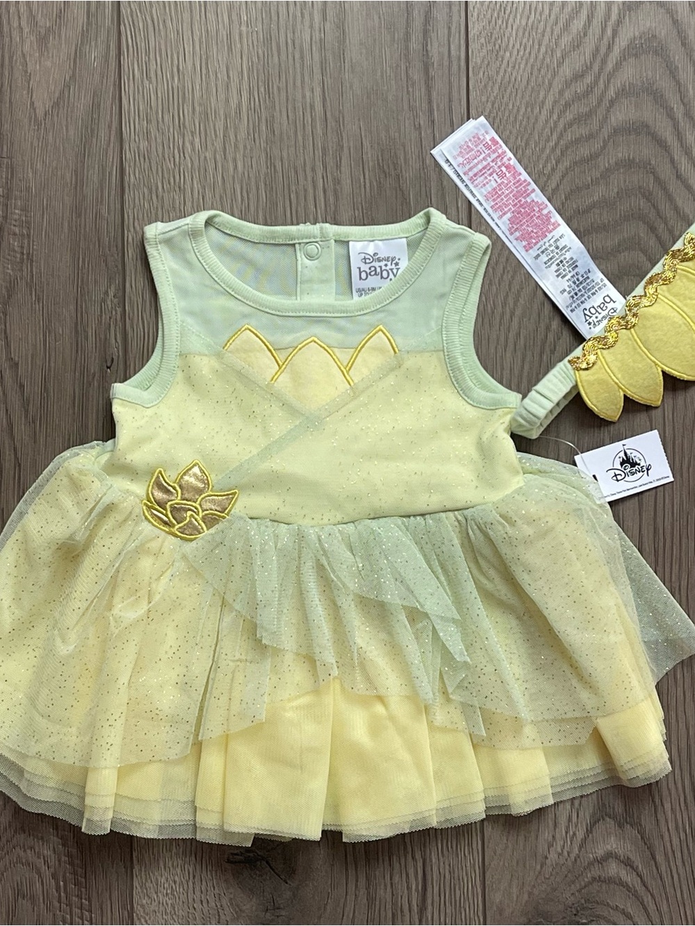 NWT Disney Parks Princess Tiana Glitter Tulle 6-9m Baby Romper Dress & Headband